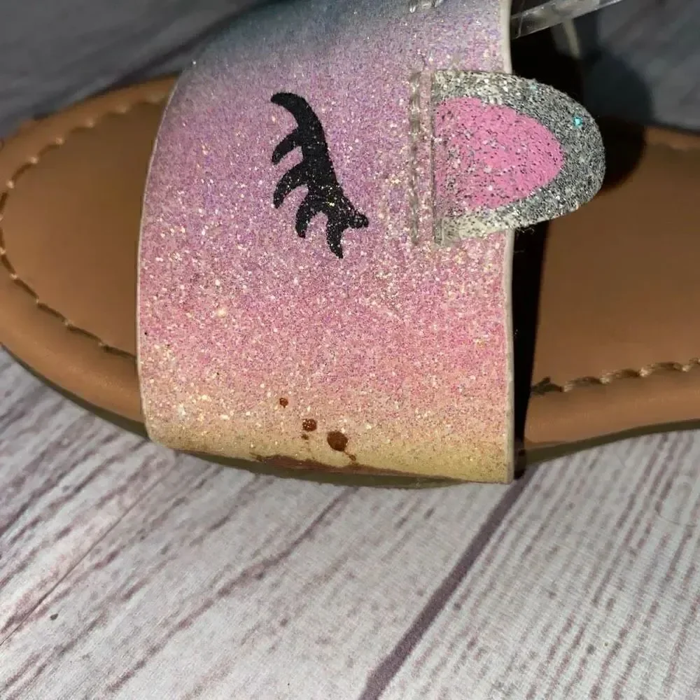 Fab kids girls 13 slip on glitter sandals w/ankle strap closure rainbow/tan